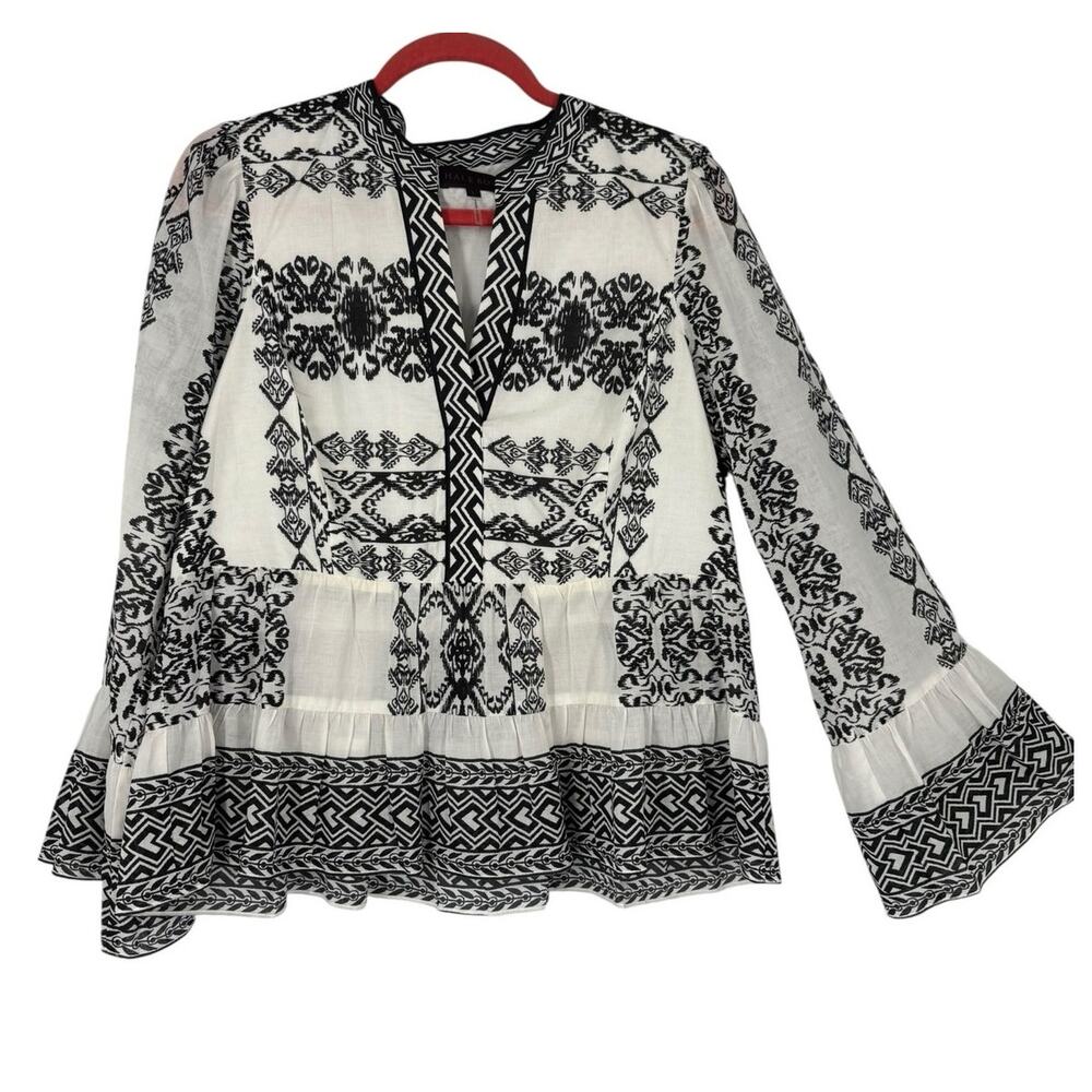 Hale Bob Imani Top Boho Peplum Ruffle Cottage Large Cotton Whimsy White Black